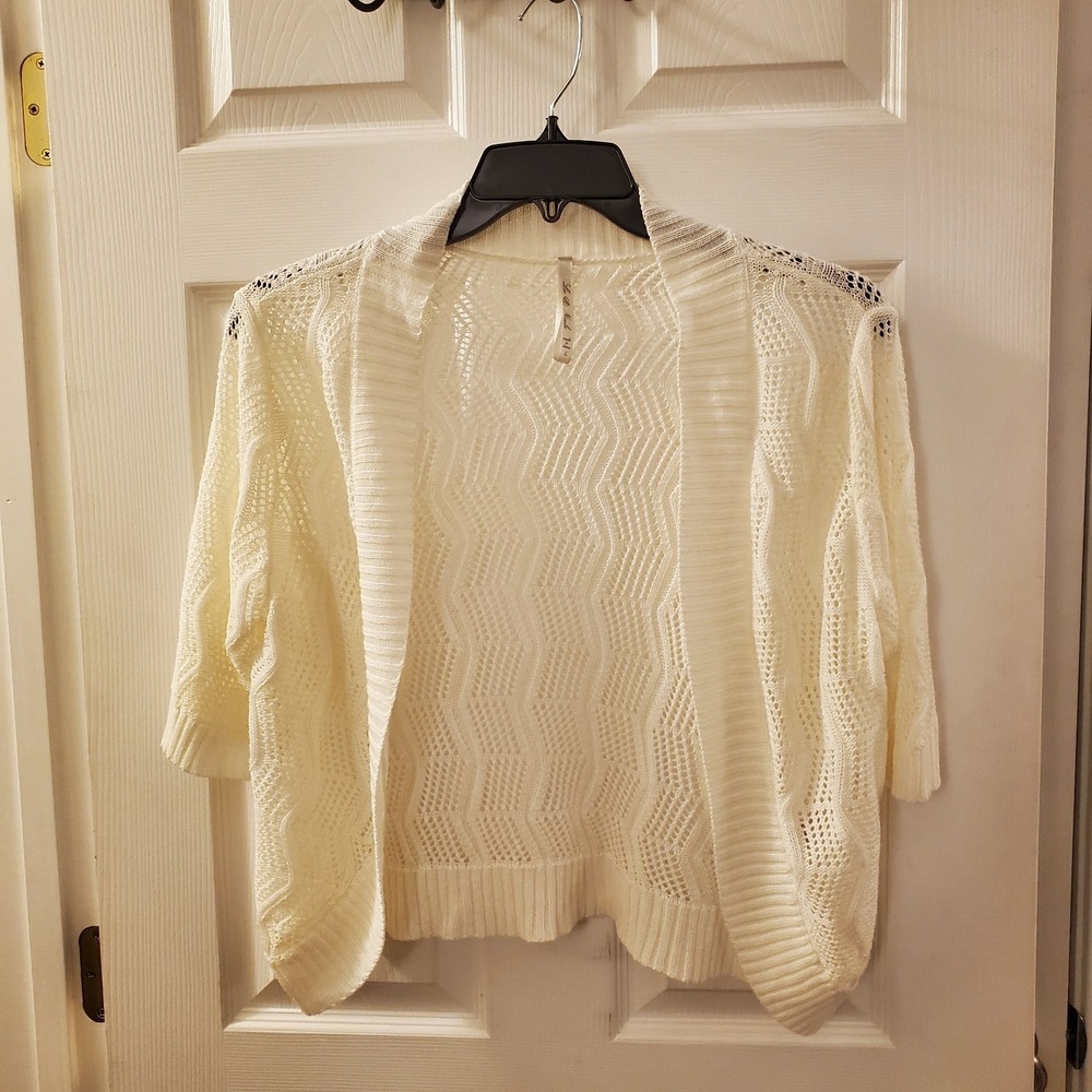 Leo & Nicole sz L ivory open knit open front shrug cardigan sweater topper layer